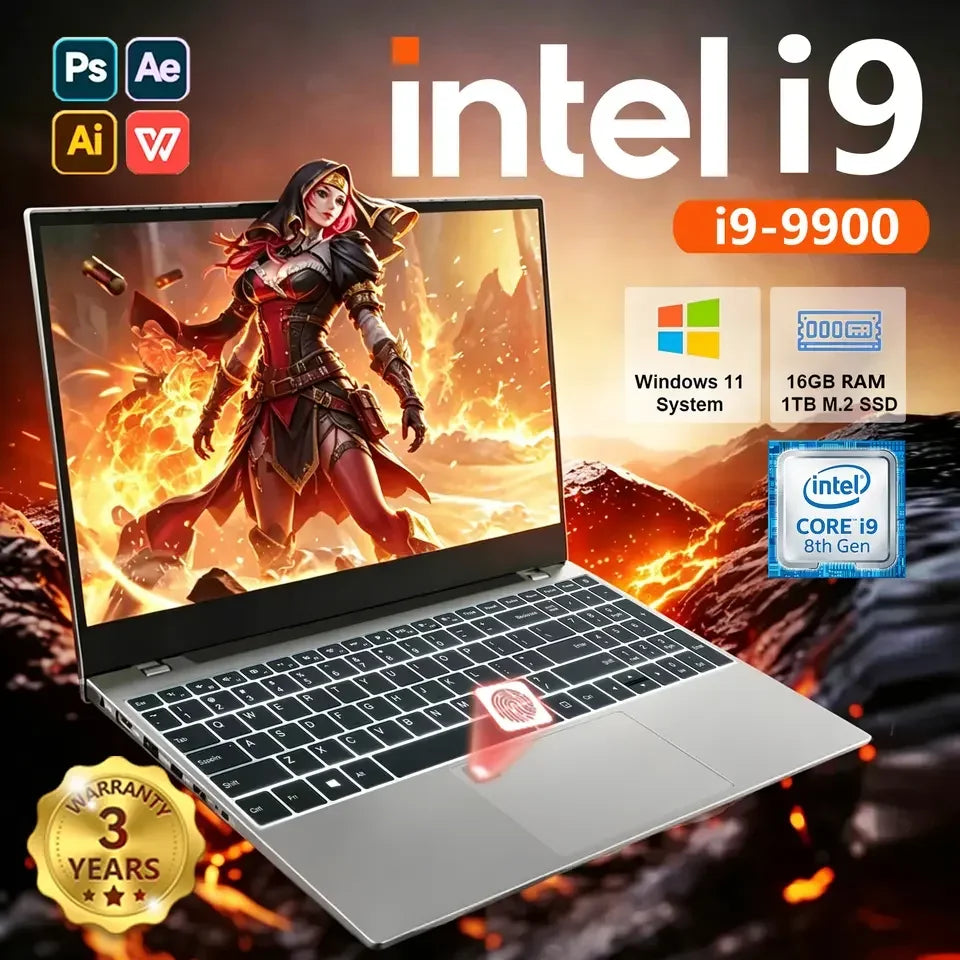 New 15.6' Ultra Slim Laptop Intel Core I9-9900 16GB RAM 1/2TB SSD Windows 11 Fingerprint Unlock Office Game Backlight Laptop