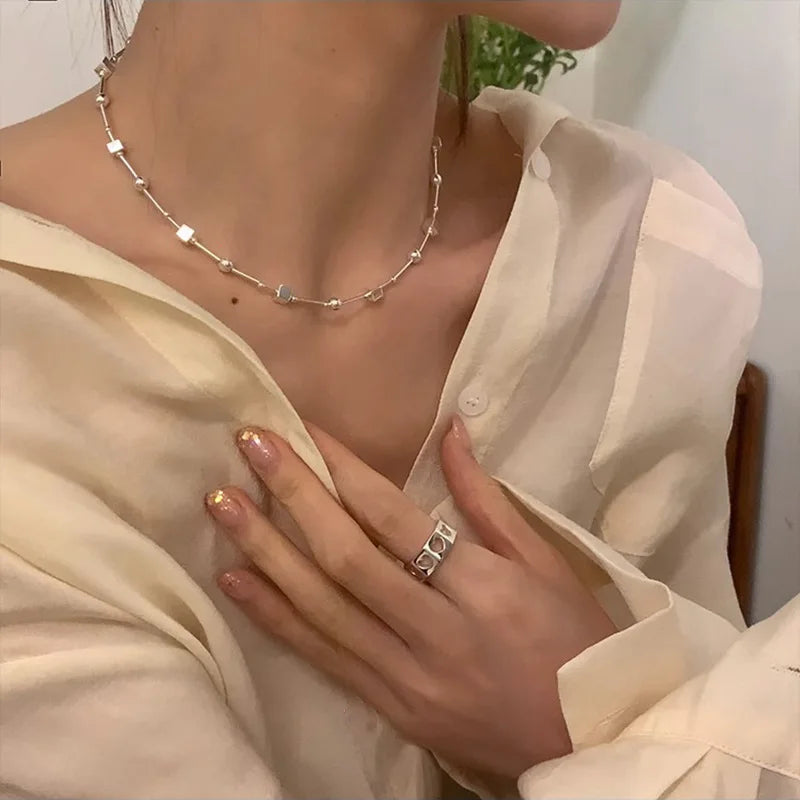 VENTFILLE 925 Sterling Silver Bead Geometry Necklace for Women Girl Korean Design Versatile Choker Jewelry - Visuel 2 | SAMAG