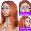 13x4 Straight Lace Front Bob Wig 100% Human Hair Wigs Ginger Orange Silky 200% Density Highlight Orange Color P4-350 Pre Plucked