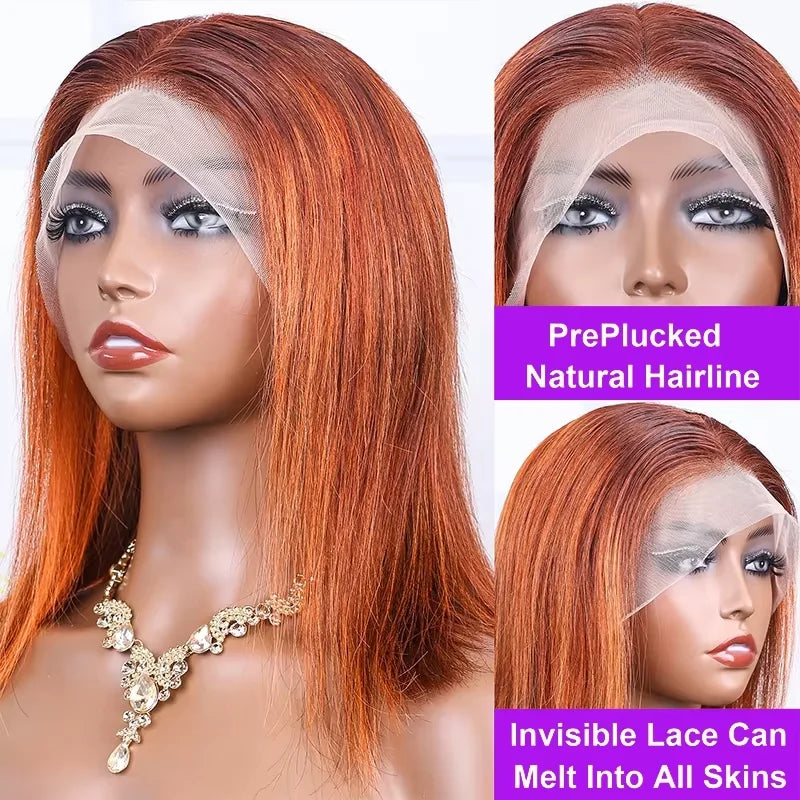 13x4 Straight Lace Front Bob Wig 100% Human Hair Wigs Ginger Orange Silky 200% Density Highlight Orange Color P4-350 Pre Plucked