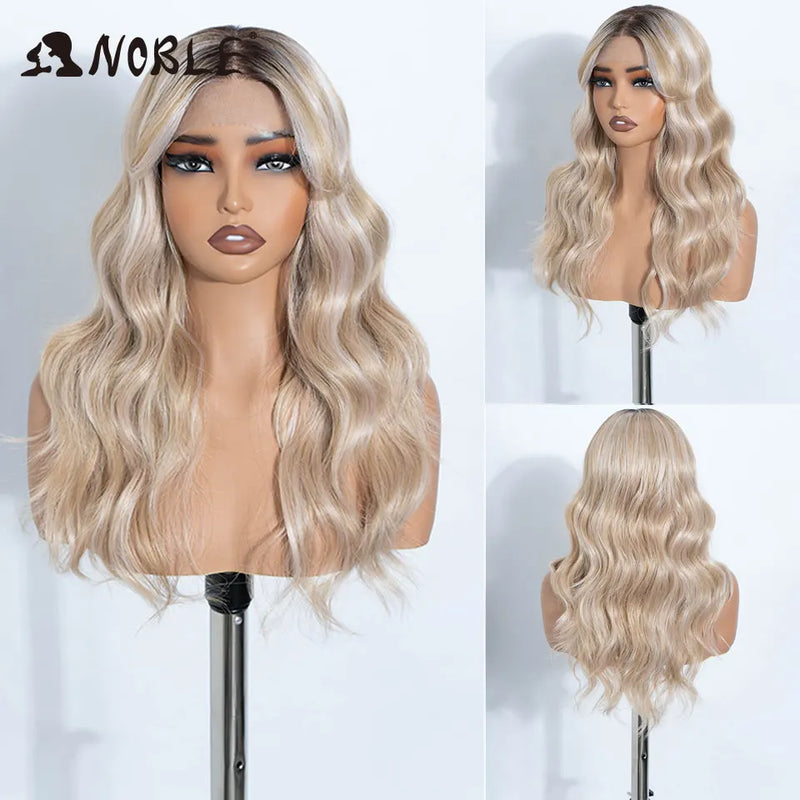NOBLE Synthetic Lace Front Wig 20 Inch 6X4 Dark Brown Body Wave Natural Hairline Heat Resistant For Brazilian Women Lace Wig
