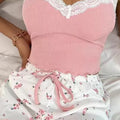Women's Two-Piece Summer Ribbed Knitted Flower Print Lace Trimmed Camisole Vest and Bow Shorts Sexy Pajama Set