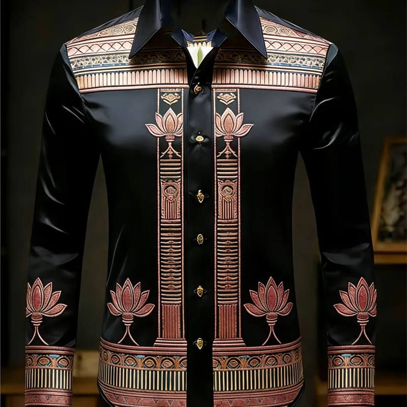 New men's long sleeved shirt with gold lotus 3D printed | SAMAG
