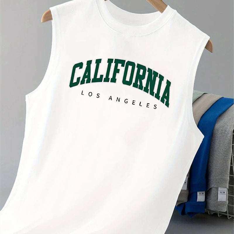 100% pure cotton men's summer casual loose California pattern printed fitness breathable round neck sleeveless vest-H13
