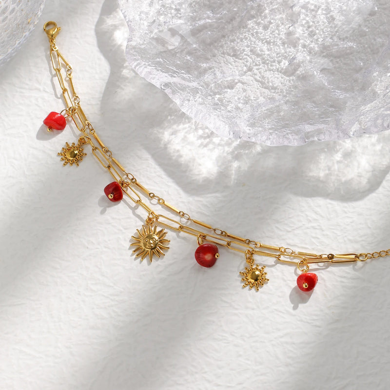 Stainless Steel Red Natural Stone Sun Pendant Double Bracelet Simple Irregular Chain Gold Women Jewelry Birthday Gift
