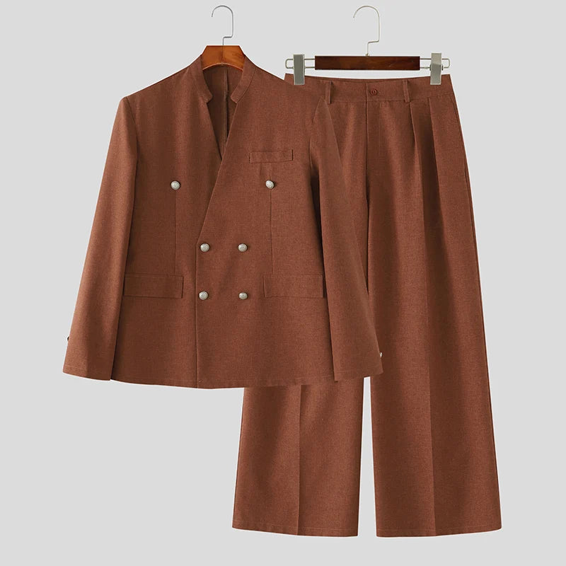 INCERUN Men's Sets Solid Color V Neck Long Sleeve Blazer Pants Two Piece Elegant Streetwear Fashion Matching - View 8 | SAMAG