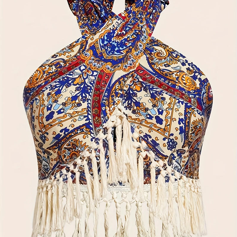Paisley Print Fringed Edge Butterfly Knot Tie Back Hanging Neck Top Women's Bohemian Style off Shoulder Casual Fashion