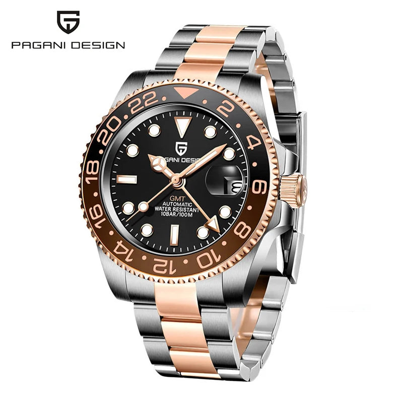 Top PAGANI DESIGN PD1662 Men GMT Automatic Mechanical Watch Black Ceramic Bezel Sapphire Glass 100M Waterproof Jubilee Stainless Steel Bracelet Sports Diver Wristwatch Reloj Hombre+gift box