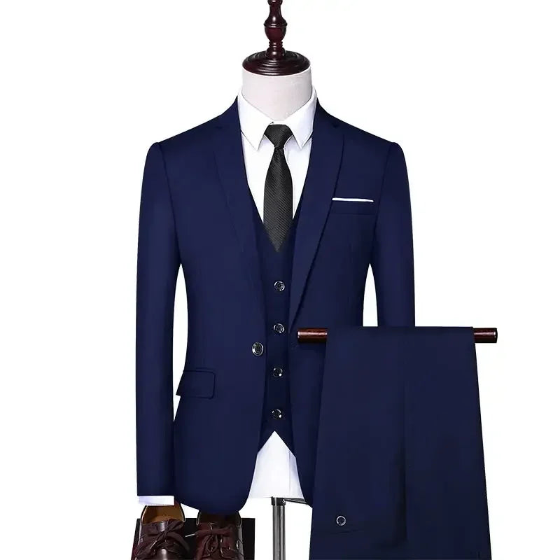 S-8XL Solid-colored Suit Men Fashion Casual Outdoor Gentleman Business Wedding Slim-fit Formal British Style Wedding 3-piece Set