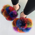 Fur Slides Factory Supply Mixed Color Pom Pom Six Balls Fox Fur Multi-Color Fluffy Fur Slippers For Women