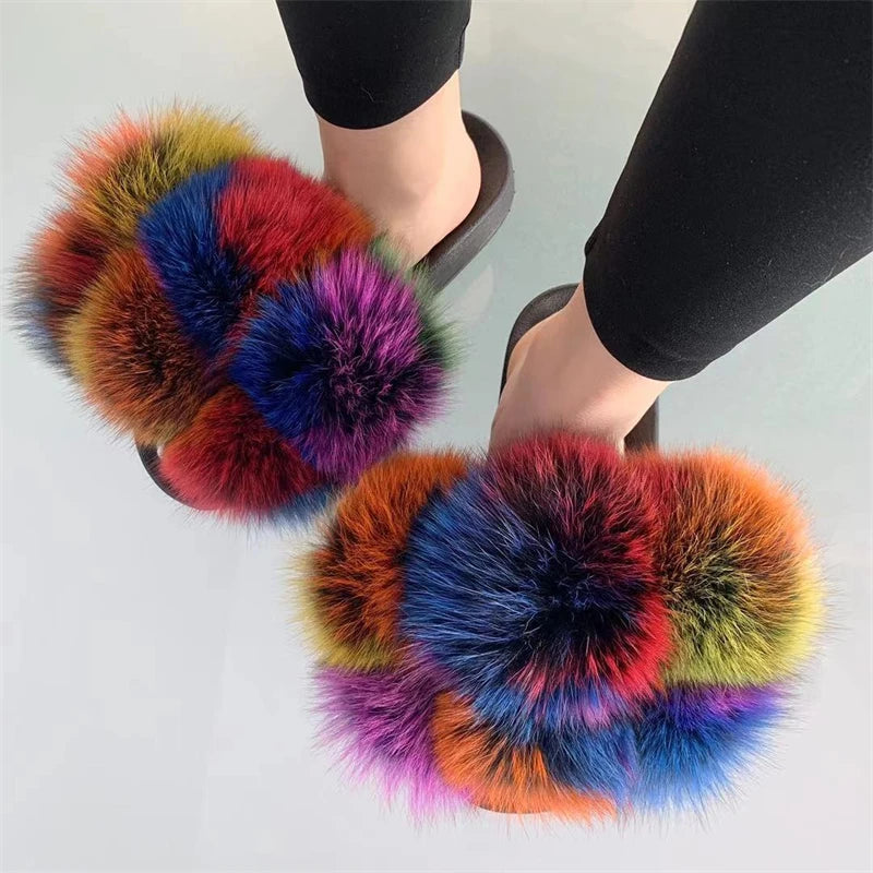 Fur Slides Factory Supply Mixed Color Pom Pom Six Balls Fox Fur Multi-Color Fluffy Fur Slippers For Women
