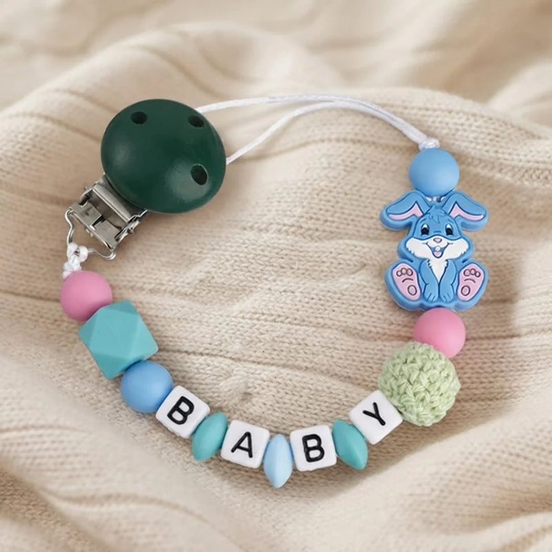 Custom Name Bunny Pacifier Clip Blue Silicone Teething Bead Chain BPA Free Handmade Dummy Holder Safe Baby Boy Shower Gift