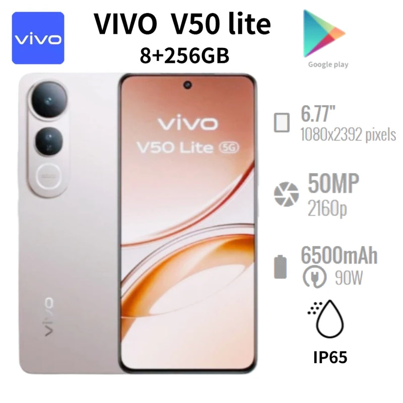 2026 new Vivo V50 Lite 5G Smartphone 6.77-inch 120Hz AMOLED Display 6500mAh Battery 90W Fast Charging 50MP,The gold color is cur