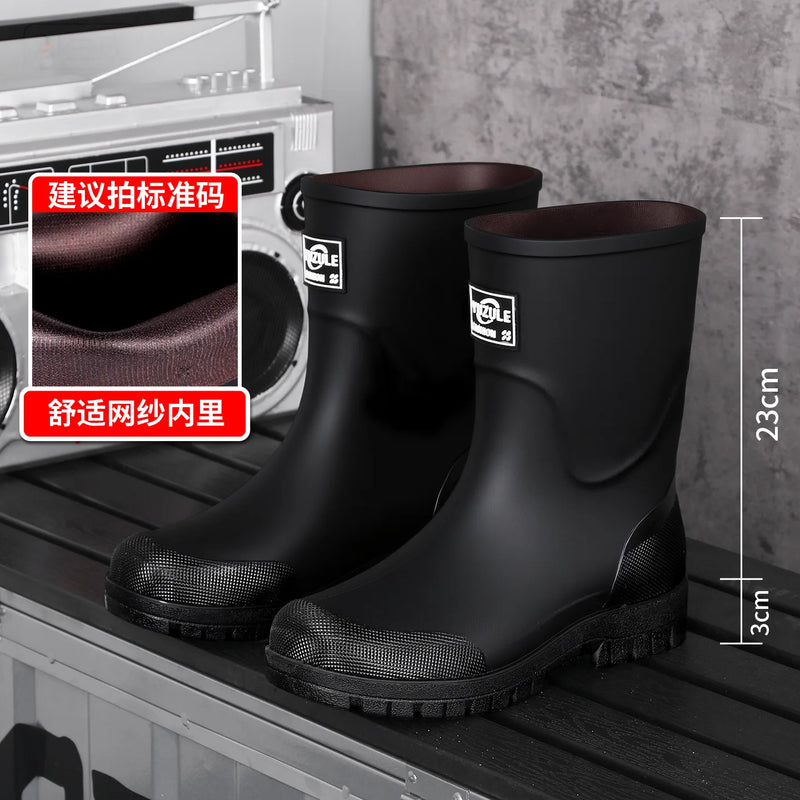 New Men's Style Rain Boots Fashion Mid-calf Waterproof Boots Work Warm Water Boots Wear-resistant Non-slip Fishing Rubber Shoes