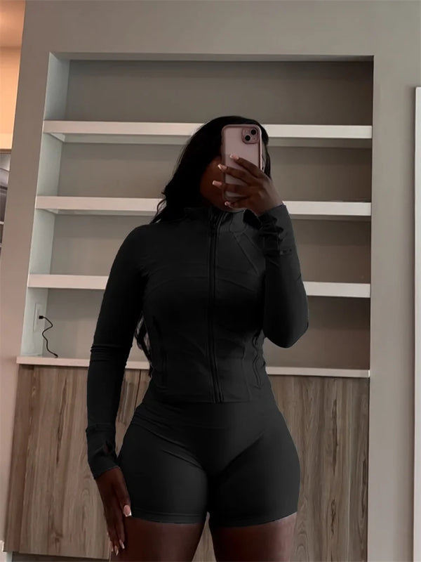 Fall Siold Bodycon Zipper Crop Top Women Tracksuits Sets+Trousers Women Black Gray 2 Two Pieces Matching Leggings Shorts Suits