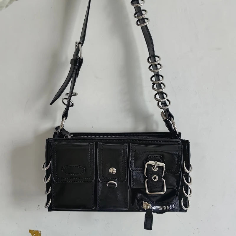 Meet You Y2K Vintage Gothic Black Shoulder Bag for Women Punk Cool Girls Multi-pocket Pu Leather Underarm Bag Trend Tote Bag