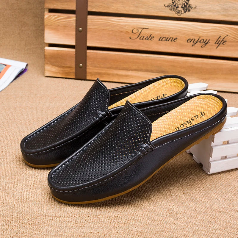 Summer Men's Shoes Casual Mens Breathable Loafers Leather Half Slipper for Men Slip on Lazy Driving Shoe
