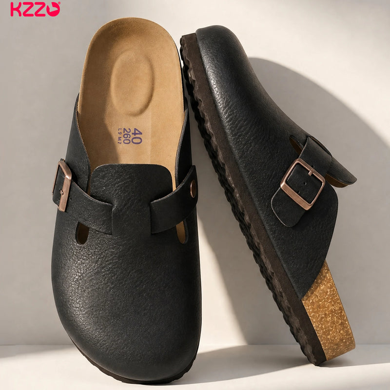 KZZO Waterproof Genuine Leather Mules for Women Non Slip Clog Shoes Outdoor Home Comfort Slip On Flat Adjustable Strap White