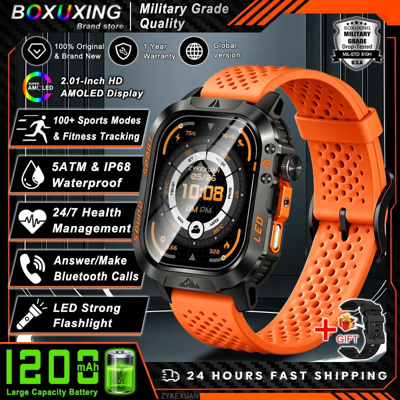 2026 New 1200 mAh Battery Military Smartwatch Men 5ATM Waterproof Fitness Tracker Health Heart Rate Smart Watch For iOS Android