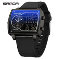 Sanda Men's Watch Fashionable Multifunctional Luminous Waterproof，Three Time Zones, Alarm Clock, Dual Display Electronic Watch