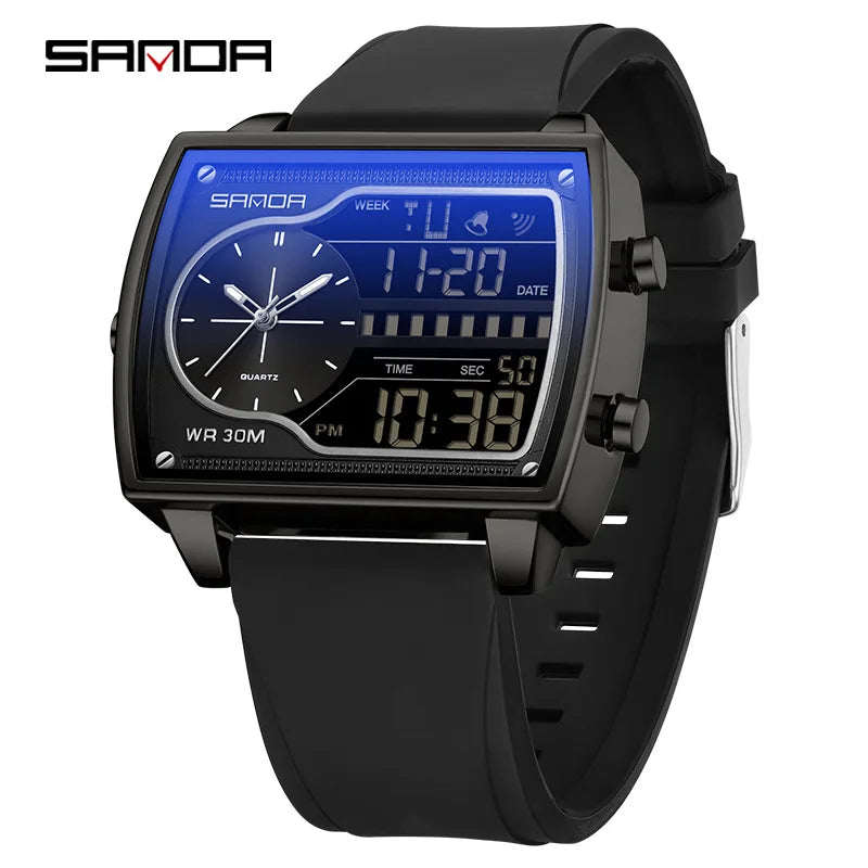 Sanda Men's Watch Fashionable Multifunctional Luminous Waterproof，Three Time Zones, Alarm Clock, Dual Display Electronic Watch