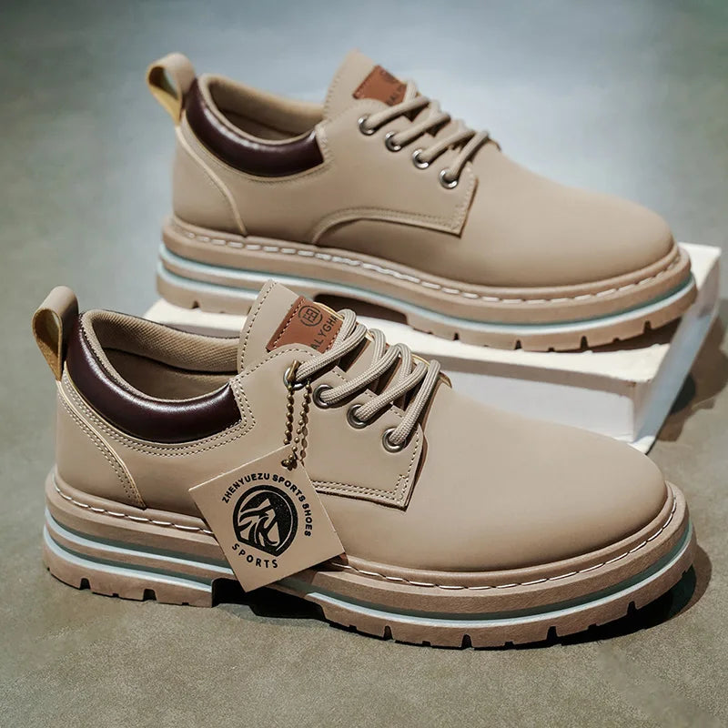 Men's Low-Top Solid Color Fashionable Business Casual Shoes, Non-Slip, Wear-Resistant, Textured Thick-Soled Casual Work Boots, Suitable for Daily Commuting, Walking, and Camping
