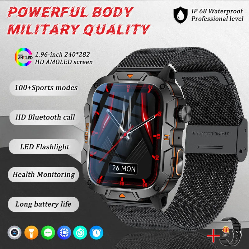 2025 New Military Grade Smart Watch Men 1.96" AMOLED Screen 5ATM Waterproof Simming Sports Fitness Tracker BT Call Smartwatches