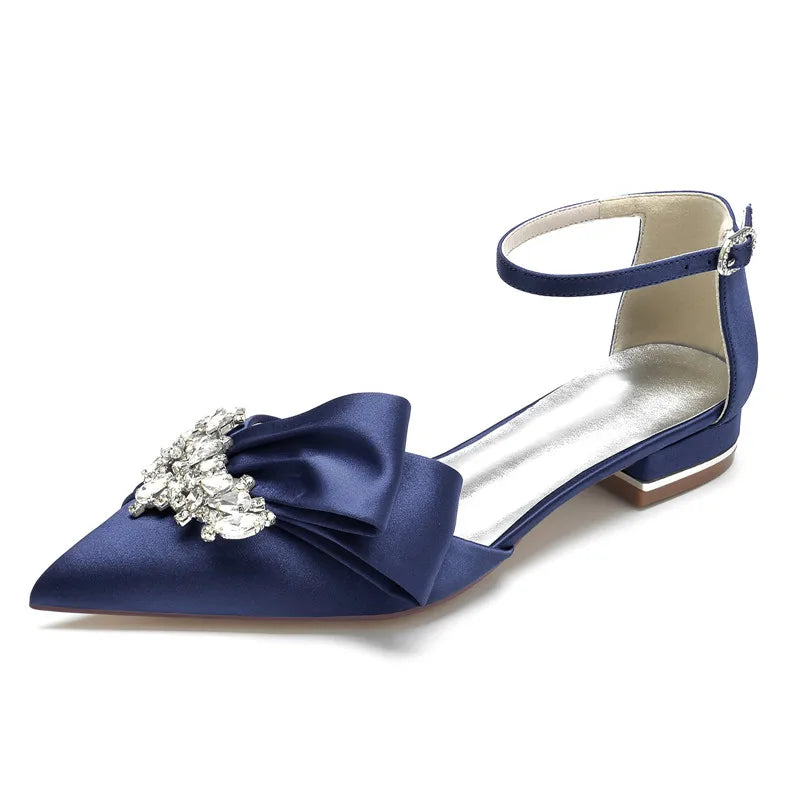 Satin Rhinestones Wedding Flats Shoes Pointed Toe Ankle Buckle Strap Women Flat Sandals for Bridesmaids/Prom/Evening