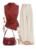 Women's Sleeveless Side Tie Top Matching High Waist Wide Leg Pants For Office Daily Dinner Casual Fashion Occasions