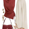 Women's Sleeveless Side Tie Top Matching High Waist Wide Leg Pants For Office Daily Dinner Casual Fashion Occasions