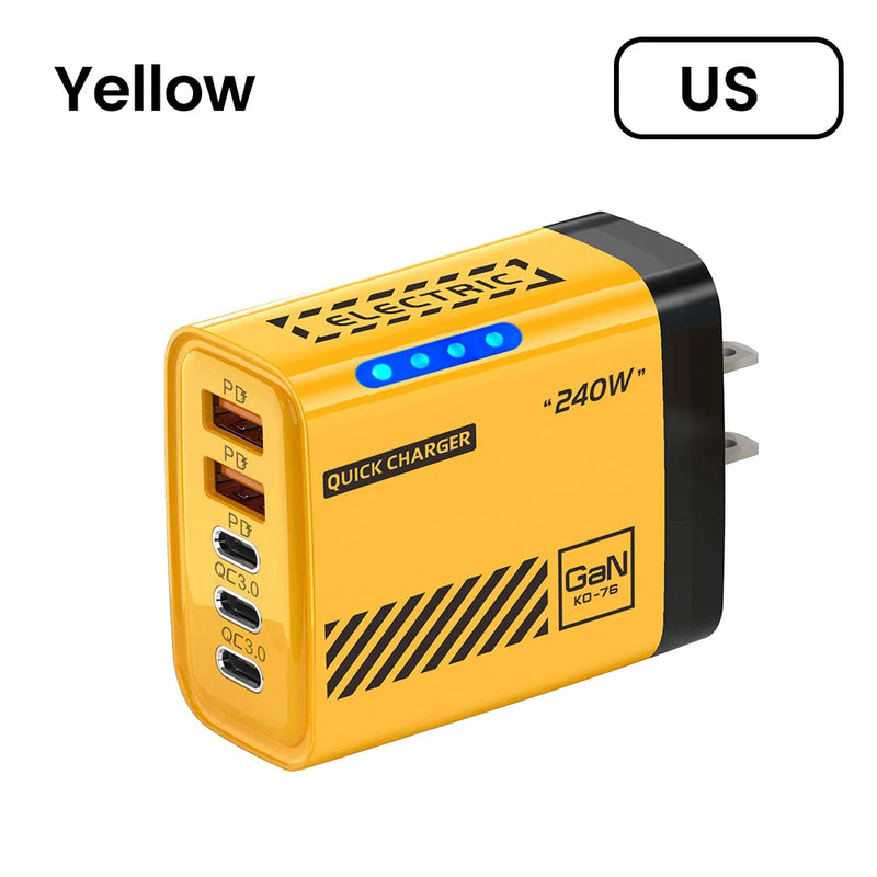 240W 5 in 1 GaN Desktop Charger Fast Charging Adapter 10A USB To TypeC Cable 3PD 2 USB Charger For IPhone Samsung Laptop
