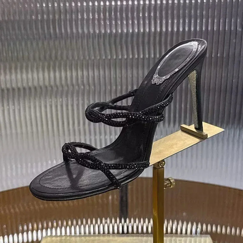 2025 Summer Shining Rhinestone Thin High Heel Slippers Women's Fashion Versatile Roman Sandals Banquet Dress Shoes Lazy Shoes