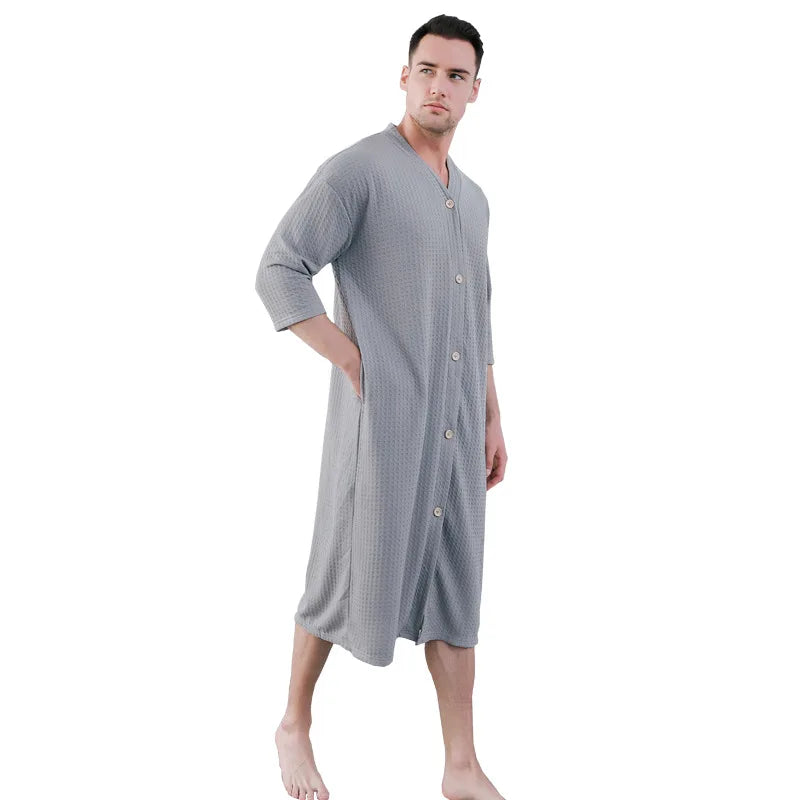 New Button Men's Pajamas Thin Fattened Plus Size Pajamas Bathrobes One-piece Pajamas Men's Loungewear Robe Kimono Bath Robe Men