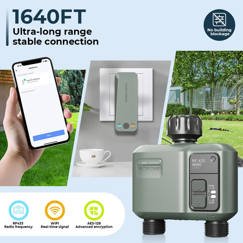 Tuya Wifi+RF433  2 Outlet Smart Garden Watering Timer Drip Irrigation Controller Rainfall Delay Programmable  Works with tuya
