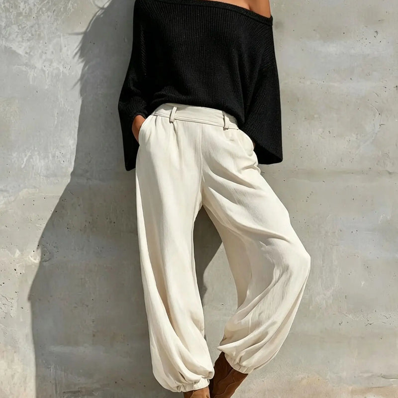 Fashionable Off-shoulder Top And Casual Trousers Two-piece Suit 2026 Autumn And Winter New Solid Color Slope Collar Women's Suit
