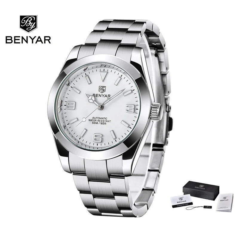 New BENYAR 41mm Men's Automatic Mechanical Watch Classic Blue Stainless Steel 50m Waterproof Luminous Male Business Wristwatch