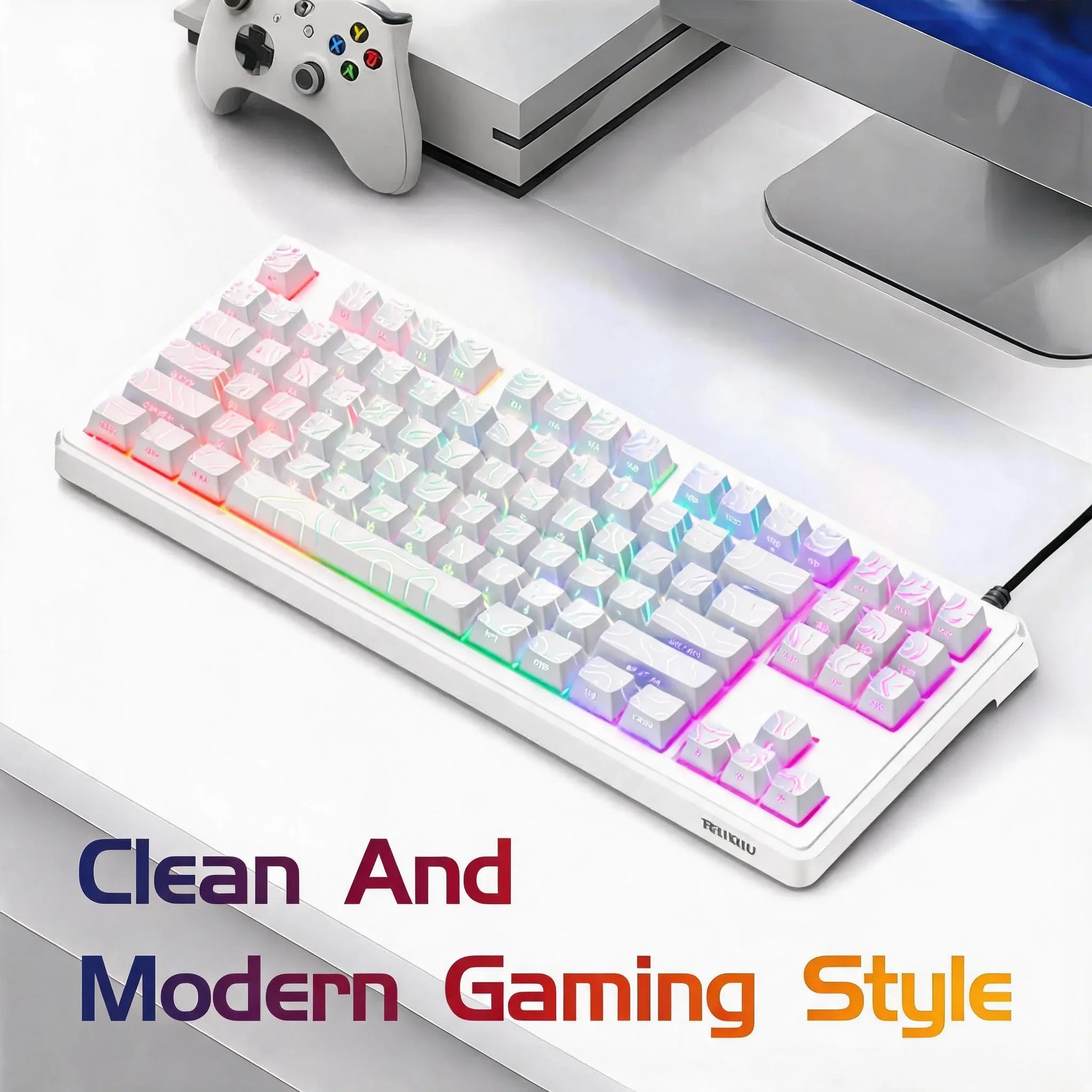 87 Key Compact Wired Keyboard RGB Backlit TKL Keyboard White Black USB Mechanical Feel Keyboard for PC Laptop Anti-Ghosting Rainbow LED Office Study Keyboard for Students College Dorm Desk Setup Back to School Gift Desktop Ac