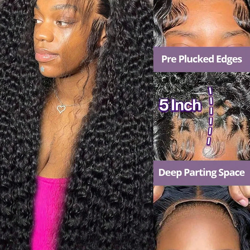 40 Inch Natural Black Water Deep Wave Human Hair Wigs For Women, 13x4 13x6 HD Transparent Lace Frontal Wig 200 Density Pre Plucked Glueless Lace Front Wig