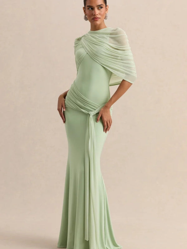 Elegant Mermaid Evening Dress Draped Detachable Cape | SAMAG