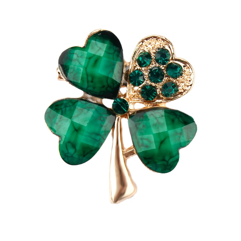WEIMANJINGDIAN Brand Green Four Leave Clover Irish Shamrock Lucky Crystal Brooches and Lapel Pins Collections