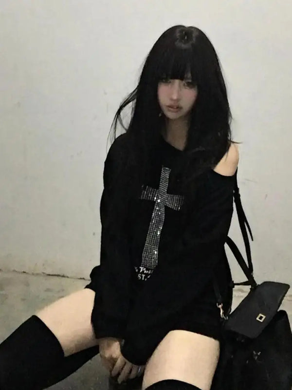 Seeslim Cross One-shoulder Graphic Hoodies Long Sleeve Black Women's Sweatshirts Harajuku Grunge 2000s Clothes Y2k Autumn Tops