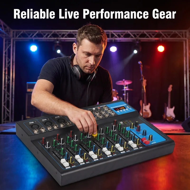 NXG F7 Professional Audio Mixer, 7-Channel Sound Console, Alloy Black, with USB Playback, PC Recording, XLR Mic Jack, RCA, for Live Streaming