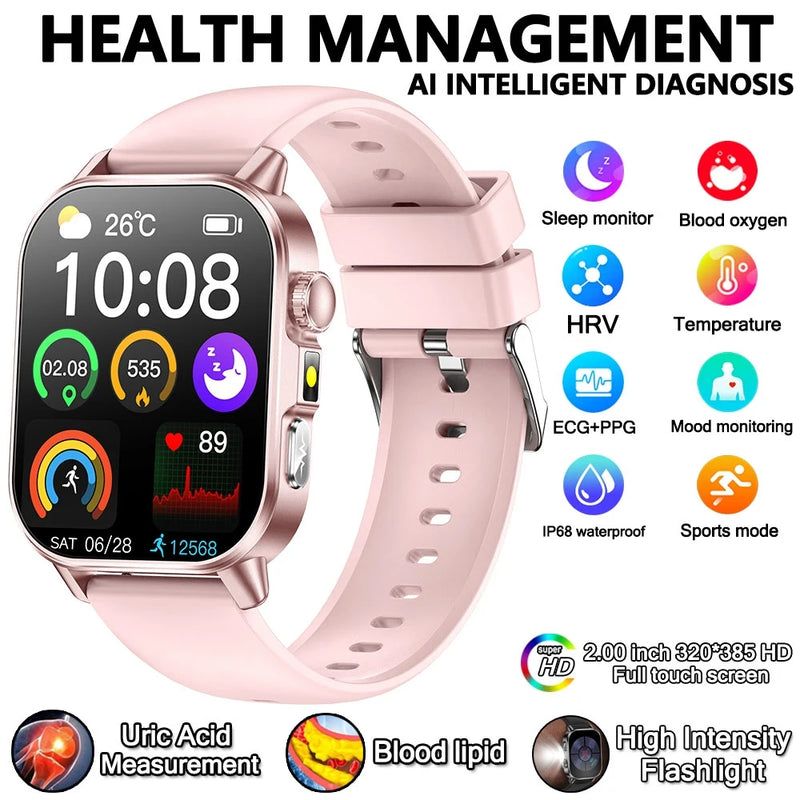 2026 New Professional-Grade Health Smart Watch Men ECG BP HR Uric Acid Lipid BMI Body Analysis Bluetooth Call Smartwatch Women