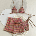 Sexy Knitted Striped Halter Tie Bikinis Sets Three Pieces | SAMAG