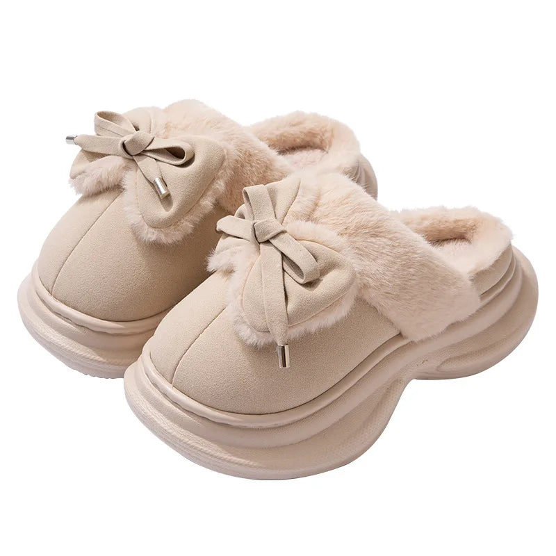 Winter Women's Bow Slippers Home Casual Plush Luxury Designer Woman Shoes Wedges Platform Fuzzy Fur Slides Fashion Soft Sole