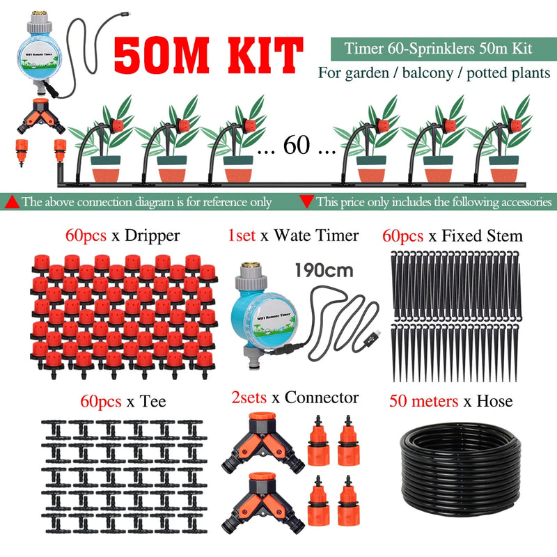 50-5M 1/4'' Hose Adjustable Drippers Automatic Watering Kit for Garden Greenhouse Home Outdoor Sprinkler Drip Irrigation System