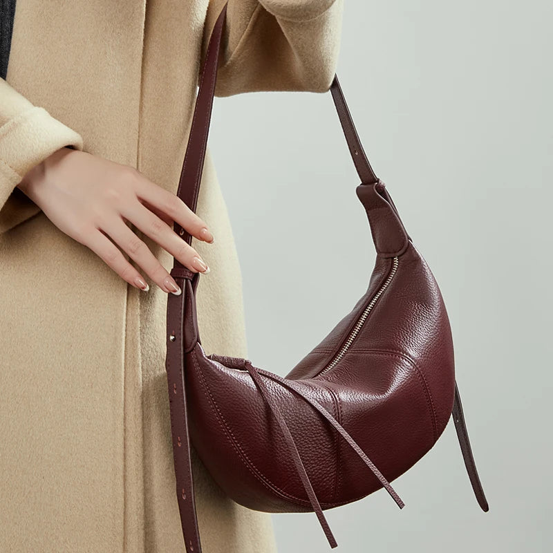 BURMINSA Genuine Leather Soft Cowhide Half Moon Hobo Bag Women Shoulder Crossbody Purses Casual Daily Crescent Underarm Handbags
