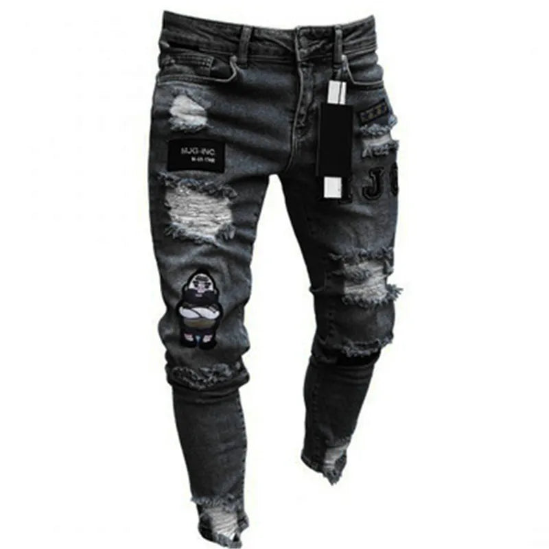 New White Embroidery Jeans Men Cotton Stretchy Ripped | SAMAG