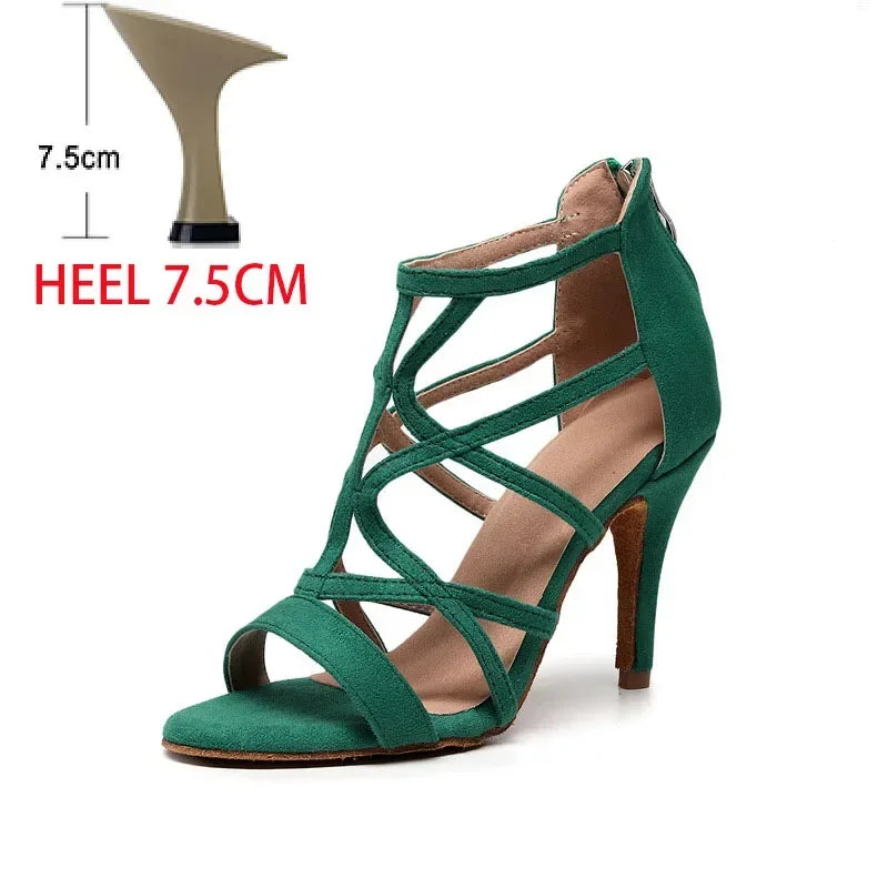 Adult Latin Dance Shoes for Woman Soft Sole Heel Sandal Female Cha Cha Tango Professonal Ballroom Training Stage Boots OEM Heel