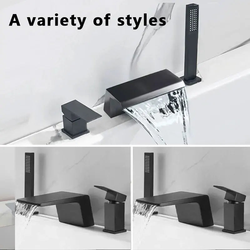 Waterfall split bath faucet Hot and cold Water flow three-hole three-piece bathtub handle shower set faucet Diverter  Black